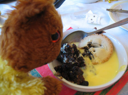 Yellow Teddy with his bowl of Christmas pudding mince pie and custard