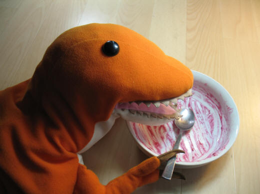 Dino has eaten porridge made with frozen blackberries