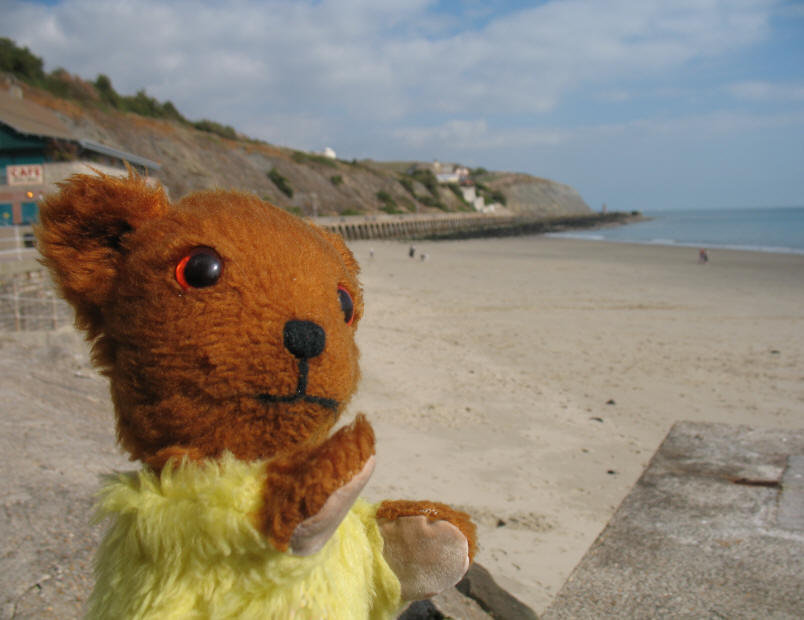 Yellow Teddy at the sandy beach at Folkestone