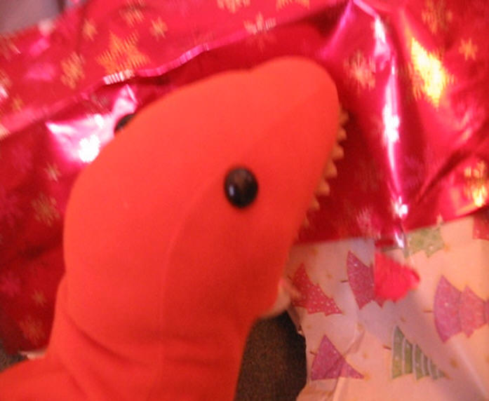 Dino with Christmas wrapping paper