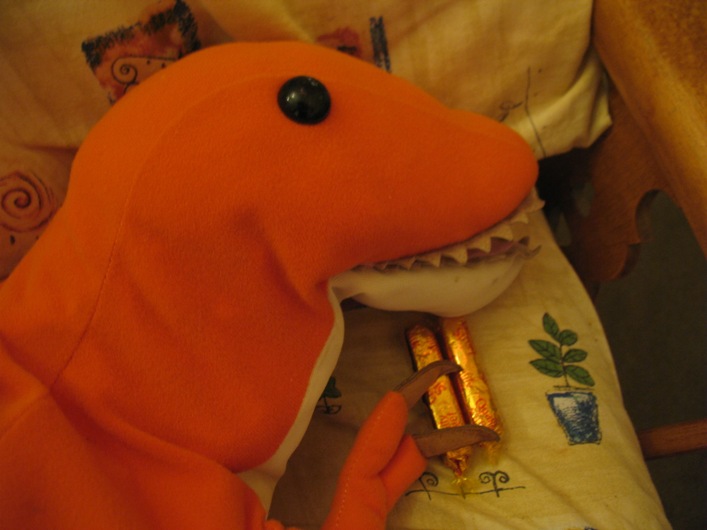 Dino guarding his favourite chocolate toffee sweets