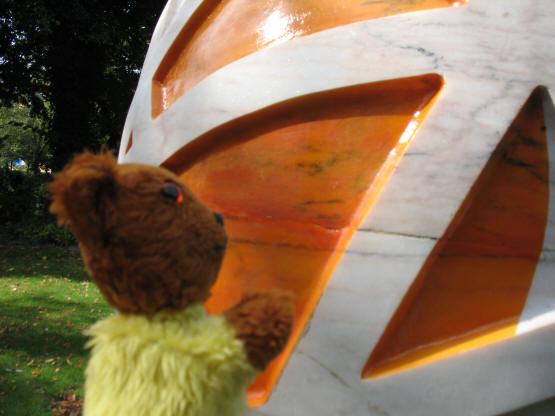 Teddy at sculpture Morning Thoughts by Ekkehard Altenburger at Archbishops Palace Maidstone