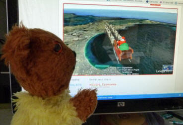 Yellow Teddy watching Google Maps tracking of the Christmas sleigh