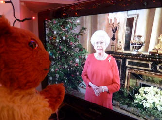 Yellow Teddy watching the Queen's message