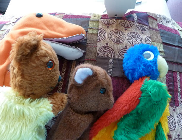 Dino, Yellow Teddy, Brown Teddy and Blue Parrot on their new bean bag