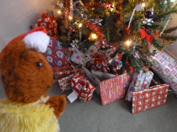 Yellow Teddy viewing presents under tree