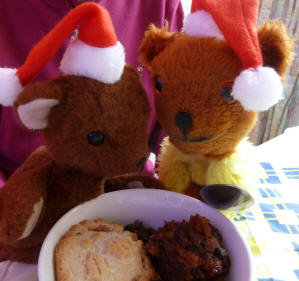 Yellow and Brown Teddy eating pudding and mince pies