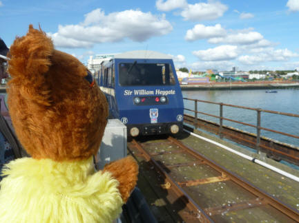 Yellow Teddy waving to Southend Pier train