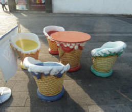 Tables and chairs in the shape of ice cream cones