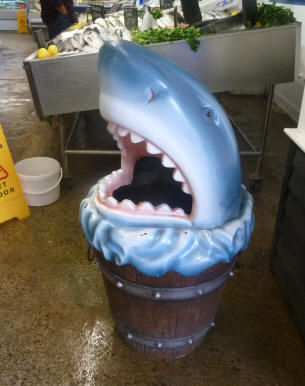 Waste bin with shark's mouth lid