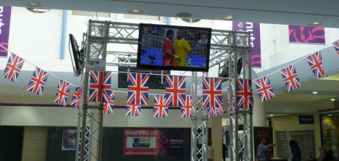 Flags and TV screens in shopping centre