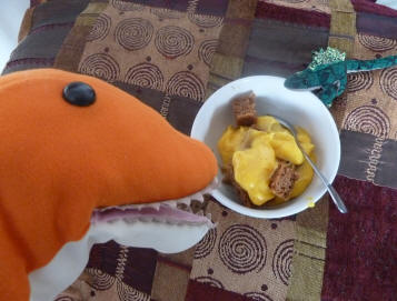 Dino with ginger cake and custard