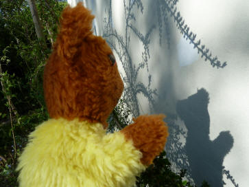 Yellow Teddy playing shadows on white wall
