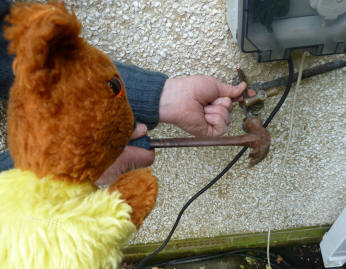 Yellow Teddy helping mend the water tap bracket