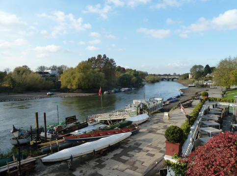 Thames northwards from Richmond Bridge with boats