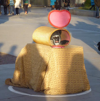Street performer cat in a basket