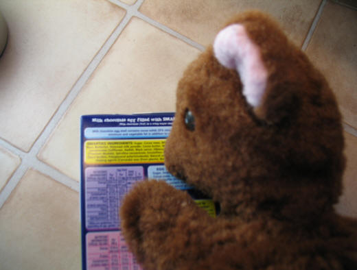 Brown Teddy reading Easter egg ingredients