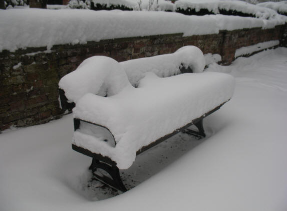 Orpington Priory seat covered in deep snow