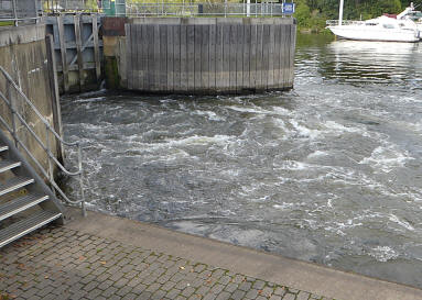 Swirling water as lock gate opens